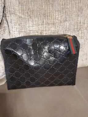 Gucci Black Embossed Cosmetic Pouch with Signature Web